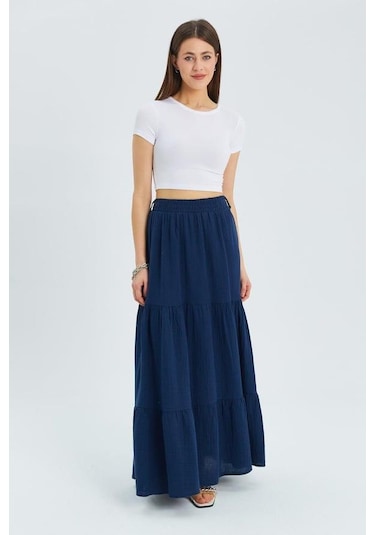 4567 Kadın Fırfırlı Uzun Müslin Etek Lacivert Lacivert