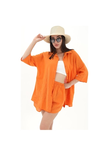 Pamuk Keten Şort Gömlek Kadın İkili Takım - Turuncu-turuncu Turuncu