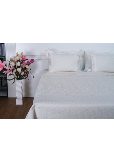 Finezza Gülfem Pamuk Baskılı  Krem- Krem Yatak Örtüsü Seti Çift Kş. 6 Parça-1463