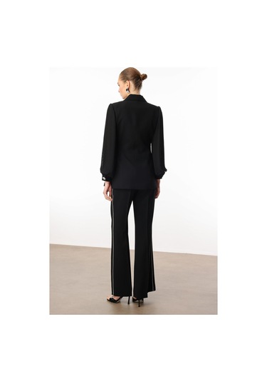 Moda İlgi Kadın Kolları Piliseli Şerit Aksesuarlı Ceket 5008 Siyah Siyah