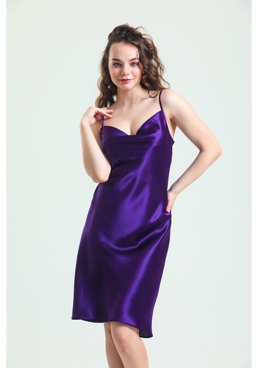 Magic Form 7790 Kadın Mor Degaje Yaka Saten Gecelik Mor