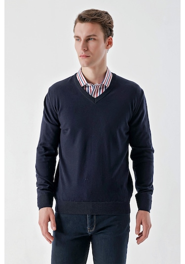 Morven Erkek Lacivert Basic V Yaka Dynamic Fit Rahat Kesim Triko Lacivert