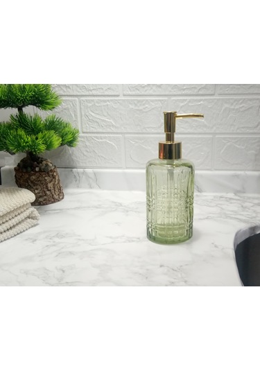 Cam Sıvı Sabunluk,kristal Desenli Yeşil 300ml Banyo Seti 6,8x17