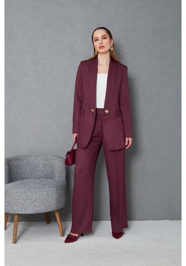 Kare Düğmeli Yünefekt Takım Mürdüm Düz Mürdüm