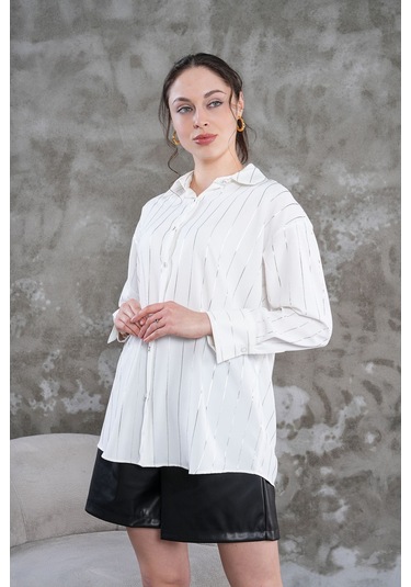Çizgili Klasik Kadın Gömlek Beyaz