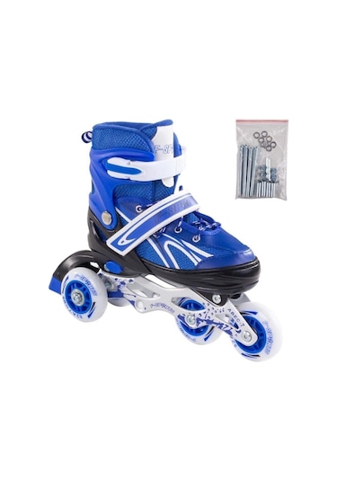 Paten Ayarlanabilir 2+2 Ve 2+1+1 Işıklı Metal Gövde Alıştırma Pateni Çantalı Mavi