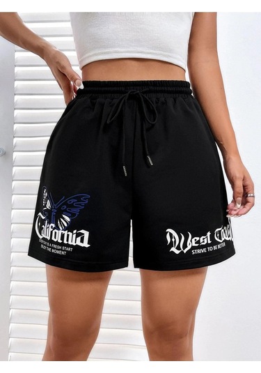 Siyah Kısa Californi West Coast Şort - Penye Baskılı Kordonlu Siyah