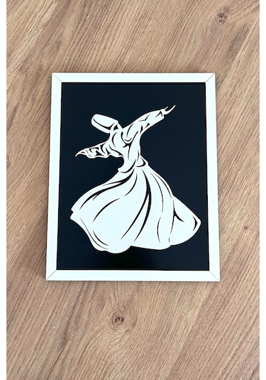 Modern Beyaz Çerçeveli Ahşap Semazen Mevlana Tablosu 25x20 Cm
