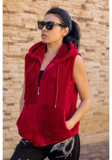Kadın Kırmızı Peluş Yumoş Fermuarlı Kapüşonlu Yelek 22KYLKPELO Kırmızı