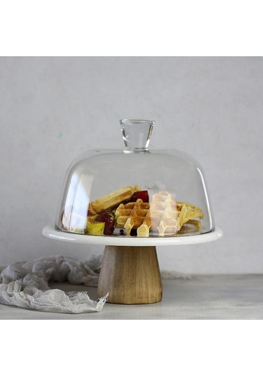 Akayev Mermer 25 CM Ahşap Konik Ayaklı Kalın Beyaz Cam Fanus