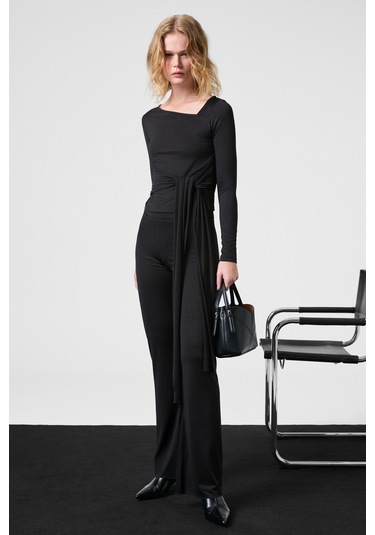 Grımelange Lorelıs Kadın Esnek Kumaşlı Geniş Paçalı Dikiş Detaylı Siyah Pantolon siyah