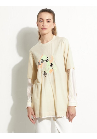 Baskılı Katmanlı Sweat-krem Krem