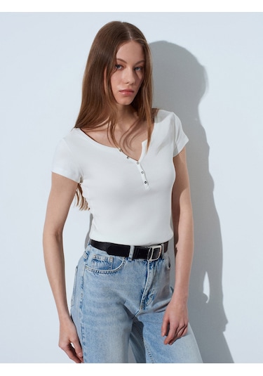 Dilvin 32688 %100 Pamuk Basic T-shirt-ekru