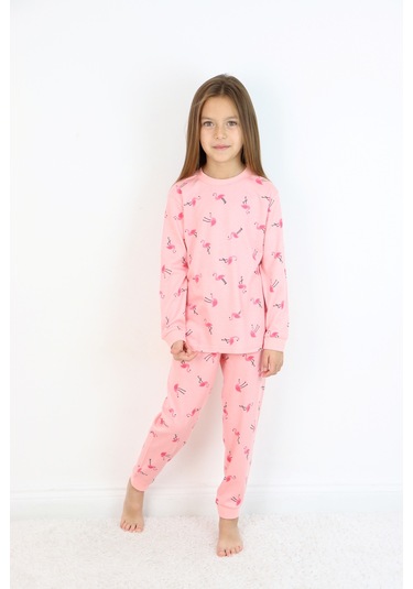 Kız Çocuk Orta Kalınlıkta Basic Baskılı Pijama Takımı Koyu Pembe