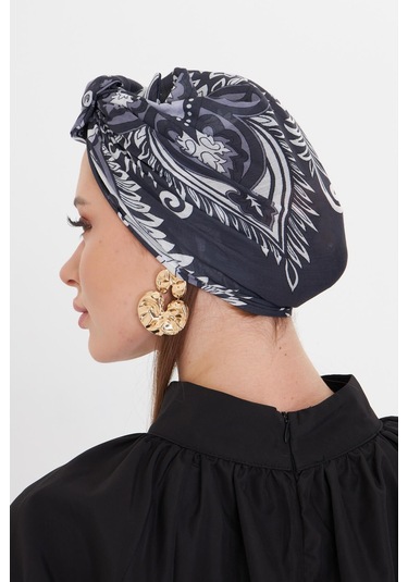 Antrasit Pratik Hazır Geçmeli Tesettür Bone Kesik Elyaf Retro Desenli 2409 25 Antrasit