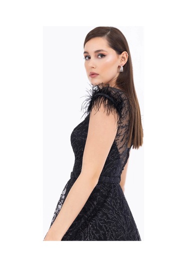 Kayık Yaka Tül Detaylı Simli Abiye-siyah Siyah