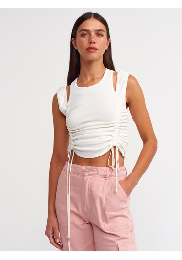 Dilvin Önü Büzgülü Triko Atlet  Ekru
