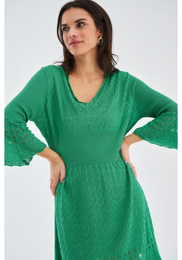 Peraluna YOHO DRESS Ajurlu V Yaka Diz Hizası Yazlık Kadın Triko E