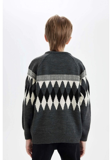 DeFacto Erkek Çocuk Bisiklet Yaka Baklava Desenli Triko Kazak C3138A824CWGR228