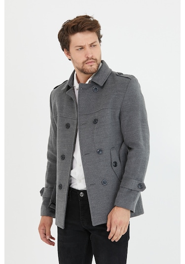 Mero Life Erkek Gri Kemerli Kaşe Kaban Trenç Model Gri