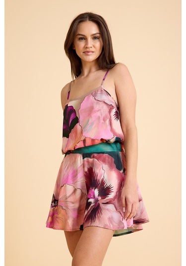 Paradise Sklamen İnce Askılı, Şortlu Pijama Takım Desenli
