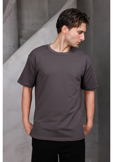 Erkek Basic Oversize Bisiklet Yaka 2 İki İplik Kompakt T-shirt Kahverengi