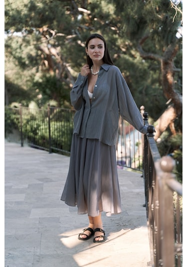 Calynn Sırt Dekolteli Çizgili Füme Keten Gömlek Füme