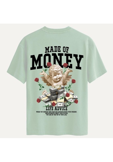 Unisex Bisiklet Yaka %100 Organik Pamuklu Kalın Dokulu Made Of Money Baskılı Oversize T-shirt - Bej Bej