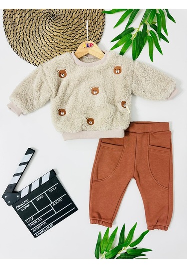 Bear Kafalar Nakışlı Omuzdan Çıtçıtlı Pantolonda Cep Detaylı Welsoft 2 Parça Takım Açık Kahverengi