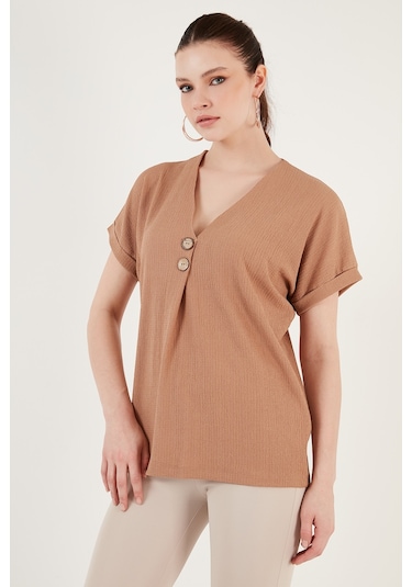 Lela Düğme Detaylı V Yaka Bayan Bluz 5865567 Bisküvi