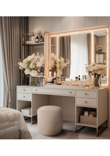 Gazzini Furniture Diana Slim Line Luxury Puf Havlu Kumaş Silindir Makyaj Masası Pufu Krem