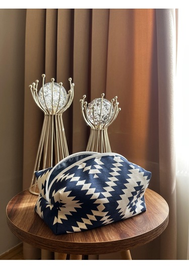 Etnik Zikzak Desenli Duck Kumaş Makyaj Çantası Navajo Tarzı Su Geçirmez Astarlı Seyahat Çantası Mavi