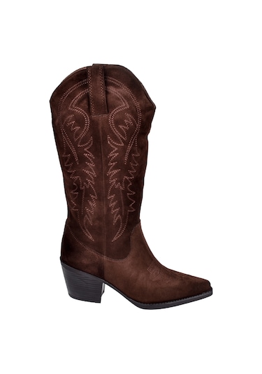 Pullman Hakiki Deri İşlemeli Western Kadın Çizme Plm-011 Kahve Süet Kahve Süet