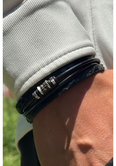 El İşçiliği İle Üretilmiş Hakiki Deri Erkek Bileklik Gümüş