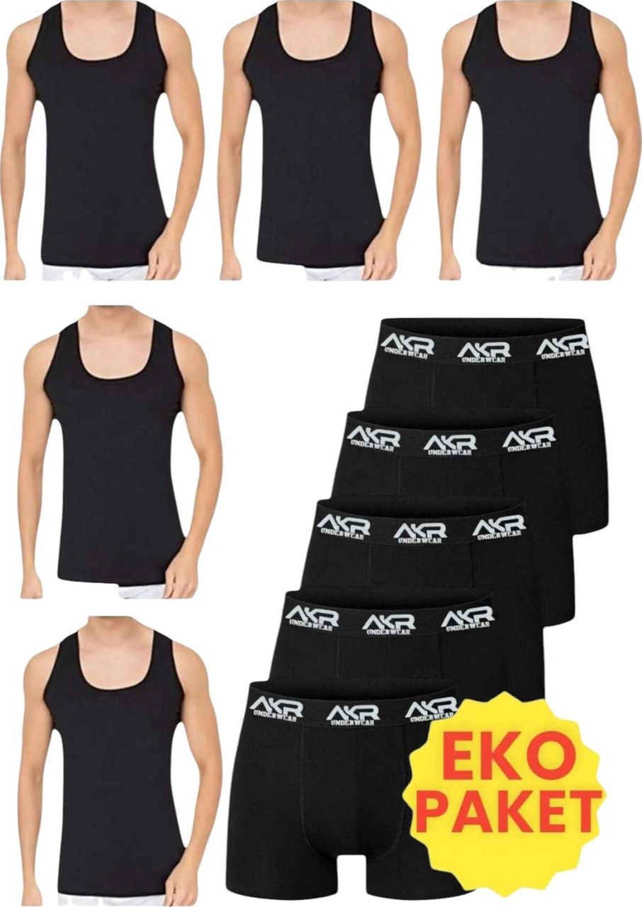 Tezzgelsin Erkek 10'lu Atlet Ve Boxer Takımı Ekonomik Paket Atlet Ve Boxer Set 5 Atlet 5 Boxer Siyah - Siyah