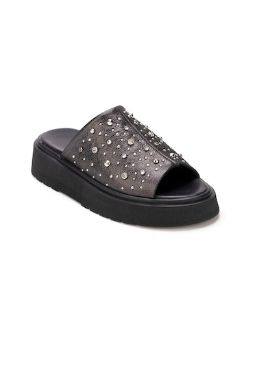 Kadın Siyah Simli Hakiki Deri Taşlı Yumuşak Kalın Tabanlı Terlik