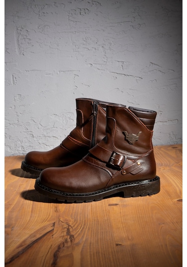 Ducavelli Rock Hakiki Deri Erkek Bağcıksız Kürklü Postal Bot, Harley Bot Kahverengi