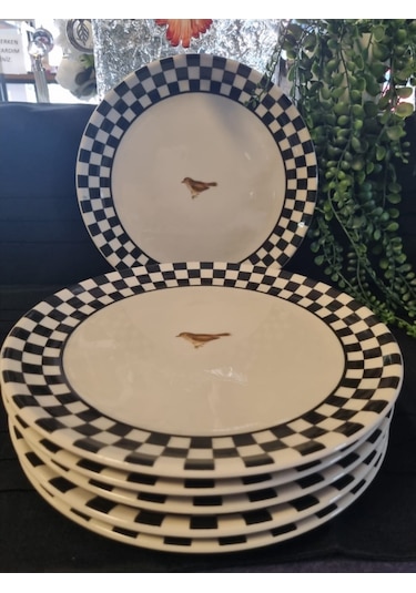 Damalı Kuşlu 6 Lı Pasta Tabağı Beyaz - Siyah
