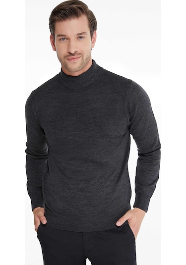 Classics Men Regular Fit Yarım Balıkçı Yaka Basic Triko Kazak-7124 Füme