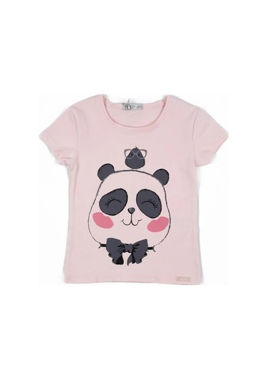 Kız Çocuk Pembe Panda Ve Kuş Detaylı Yazlık Tişört Pembe