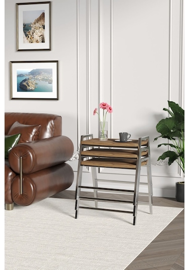 Zigon Sehpa , Aden 3'lü Tepsi Zigon Sehpa Takımı Gümüş Metal - Atlantik Çam Tabla Gümüş-atlantik Çam