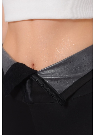 Kadın Ekstra Yüksek Bel Agraflı Sauna Termal Inceltici Zayıflama 3 Kademeli Agraflı Tayt Siyah