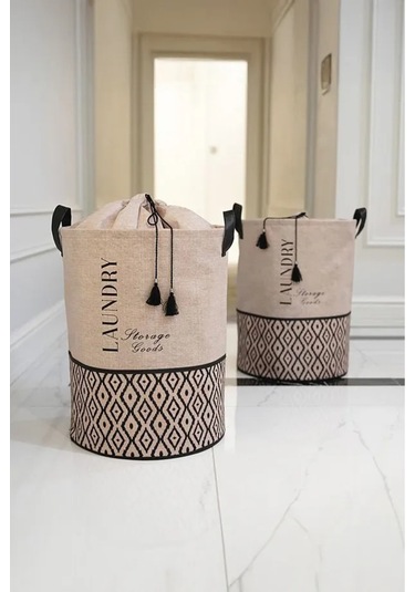 Bohe Bej Kumaş Büzgülü Çamaşır Sepeti-çocuk Oyuncak Düzenleyici-çok Amaçlı Sepet 35x35x50cm Gri-beyaz