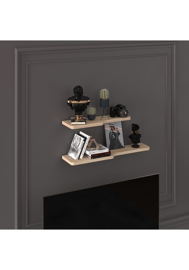 Doğal Modern Organizer Düzenleyici 2'li Kıvrımlı Dekoratif Kitaplık Banyo Mutfak Duvar Rafı Meşe