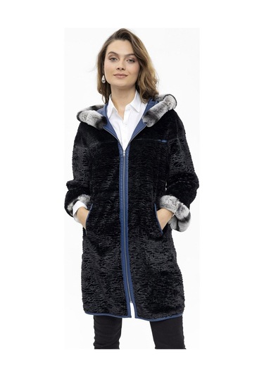 Mavi Hillary Geniş Kesim İçi Kumaş Çift Taraflı Kapüşon Ve Kol Ağzı Kürklü Kadın Hakiki Deri Kaban-mavi Mavi