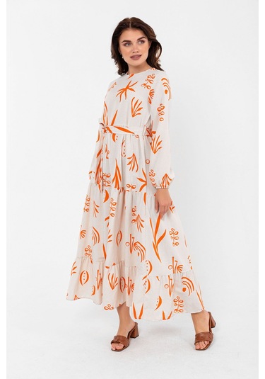 Desenli Yazlık Baharlık Keten Elbise 2103 Turuncu