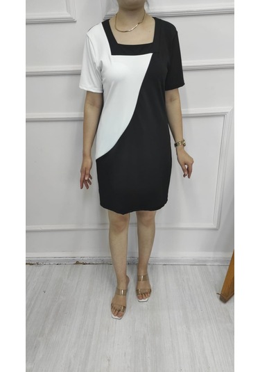 Kadın Kısa Kollu Kare Yaka Parçalı Desen Dalgıç Elbise Siyah