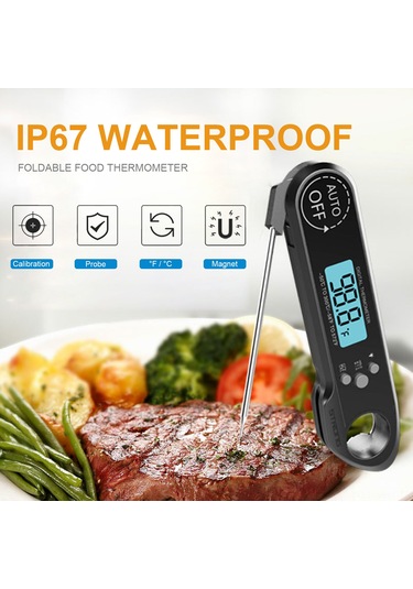 Monyee Siyah Füme Mutfak Termometresi - Ip67 Su Geçirmez, Çelik Prob, Lcd Ekran, Şişe Açıcı Ve Manyetik Tutucu Siyah