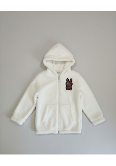 Labubu Nakışlı Pelüş Kapüşonlu Kız Çocuk Hırka Beyaz