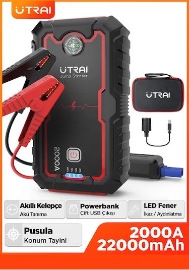 Utrai Jstar One 22000 mAh 2000A Jump Starter Taşınabilir Akü Takviye Cihazı + Çanta + Pusula + Powerbank + Led Lamba
